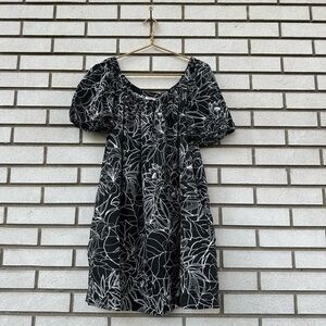 A.N.A. Babydoll Off Shoulder Peasant Mini Dress Black White Floral Linen Cotton